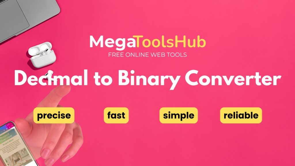 MegaToolsHub Decimal to Binary Converter tool banner with pink background and tech items